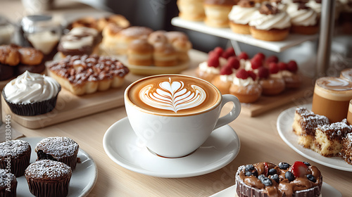 A barista making a latte art design on a freshly brewed coffee while a selection of pastries and cakes are arranged on the counter 