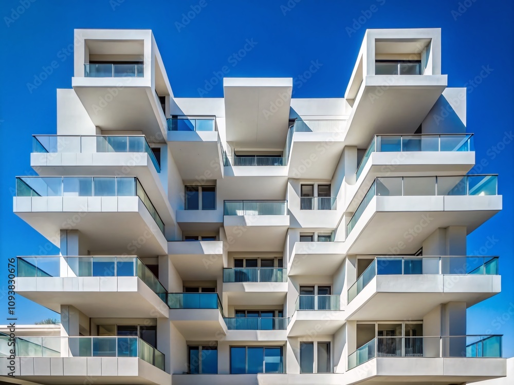 Captivating View of a White Modern Apartment Building Showcasing Perfect Symmetry Against a Blue Sky with Geometric Architectural Details of Abstract Concrete Structure Captivating View of a White Modern Apartment Building Showcasing Perfect Symmetry Against a Blue Sky with Geometric Architectural Details of Abstract Concrete Structure