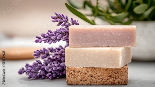 Handmade soap bars with natural grains and floral essences, rustic packaging, perfect for sensitive skin, artisanal touch photo