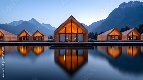 Triangular wooden buildings on water, pointed roofs, symmetrical reflections, soft morning light, surrounded by nature