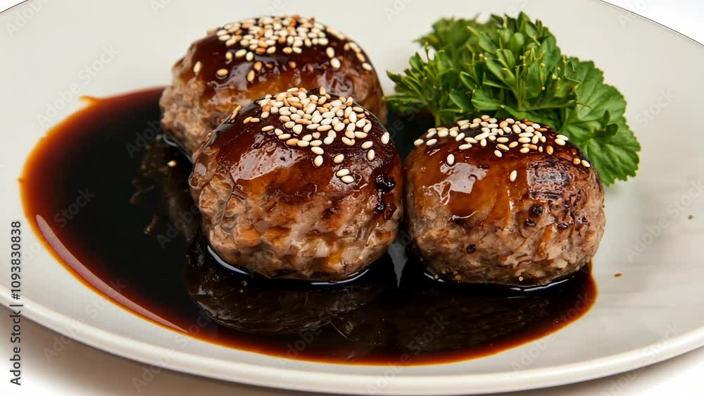 Juicy meatballs glazed with savory sauce and sesame garnished with fresh parsley Juicy meatballs glazed with savory sauce and sesame garnished with fresh parsley