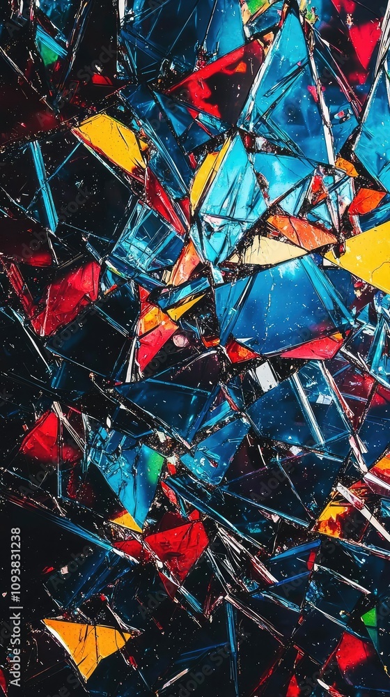 Colorful Fragments of Broken Glass Creating an Abstract Artwork with Vibrant Hues of Blue, Red, and Yellow on a Dark Background for Creative Projects Colorful Fragments of Broken Glass Creating an Abstract Artwork with Vibrant Hues of Blue, Red, and Yellow on a Dark Background for Creative Projects