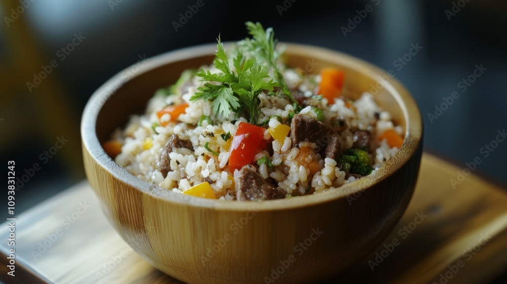 Delicious bowl of colorful stir-fried rice with vegetables and beef garnished with fresh herbs on a wooden table, perfect for promoting healthy eating habits and culinary artistry Delicious bowl of colorful stir-fried rice with vegetables and beef garnished with fresh herbs on a wooden table, perfect for promoting healthy eating habits and culinary artistry