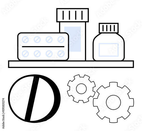 Medical containers on a shelf beside capsules and gears, signifying healthcare logistics and pharmaceutical manufacturing. Ideal for healthcare, medicine, pharmaceuticals, logistics, industry, supply