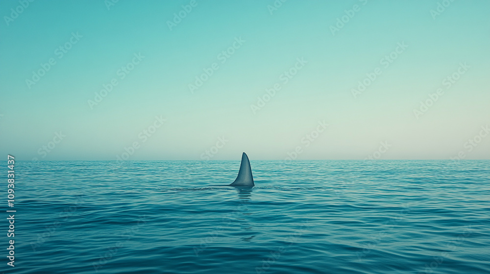 Fototapeta premium lone shark fin breaks the surface of the calm ocean symbolizing hidden dangers and the unknown capturing the viewer's attention as the tranquil water contrasts with the implied threat of the unseen pr