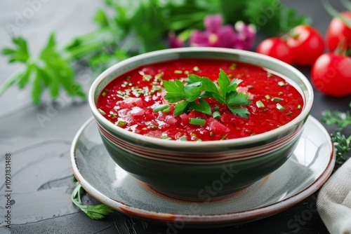 Ukrainian russian borscht, beet soup with parsley and chives served in bowl on dark background photo