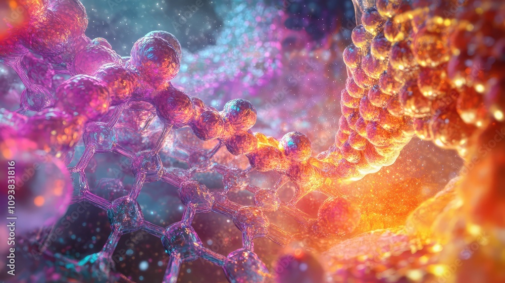 Abstract Representation of Molecular Structures with Colorful Glowing Effects, Illustrating the Beauty of Science and Technology in a Fantasy Environment Abstract Representation of Molecular Structures with Colorful Glowing Effects, Illustrating the Beauty of Science and Technology in a Fantasy Environment