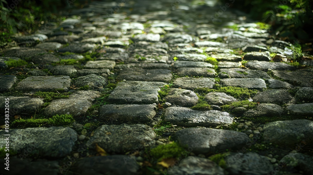 Detailed Close-Up of an Old Cobblestone Pathway with Lush Green Moss Growing Between the Stones in a Serene Outdoor Environment Detailed Close-Up of an Old Cobblestone Pathway with Lush Green Moss Growing Between the Stones in a Serene Outdoor Environment