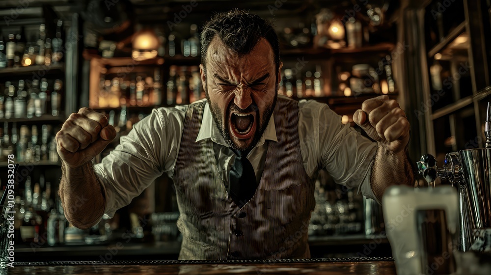 Intense Bartender with Focused Expression Yelling at Customers Behind a Bar Filled with Bottles in a Stylish, Vintage-Looking Bar Scene Intense Bartender with Focused Expression Yelling at Customers Behind a Bar Filled with Bottles in a Stylish, Vintage-Looking Bar Scene