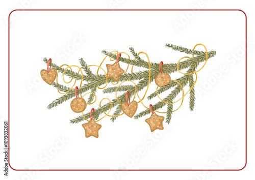 A Christmas tree branch and gingerbread decorations. Gingerbread. Christmas. Christmas elements. Garland. Color digital illustration. The print is used for packaging design, fabric.
