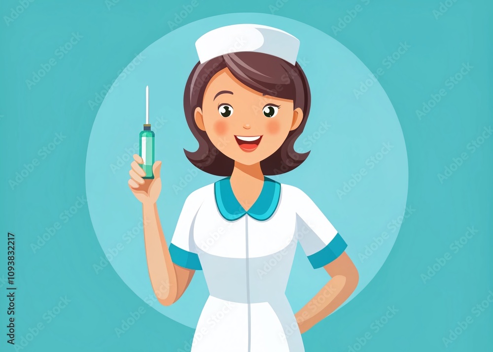 Cartoon Nurse with Dropper on Turquoise Background in Rule of Thirds Composition for Stock Photo Cartoon Nurse with Dropper on Turquoise Background in Rule of Thirds Composition for Stock Photo