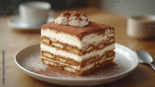 delicious layered tiramisu dessert topped with cocoa powder, showcasing its rich texture and inviting presentation