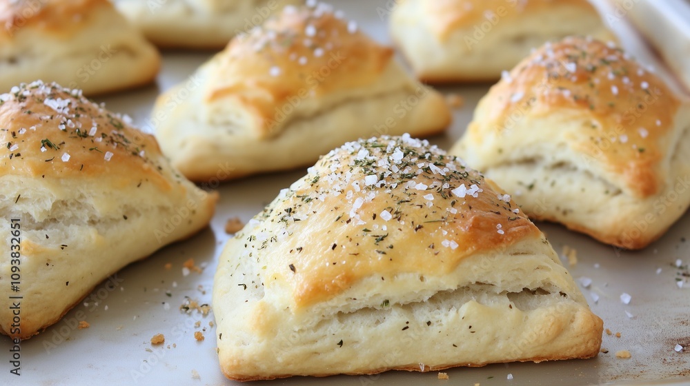 A Batch of Golden, Flaky Biscuits on a Baking Tray, Fresh Out of the Oven, Sprinkled with Salt Crystals and Herbs for a Festive, Savory Appeal A Batch of Golden, Flaky Biscuits on a Baking Tray, Fresh Out of the Oven, Sprinkled with Salt Crystals and Herbs for a Festive, Savory Appeal