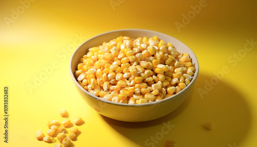 Fresh Corn with yellow grains in a bowl on Bright pastel yellow background photo