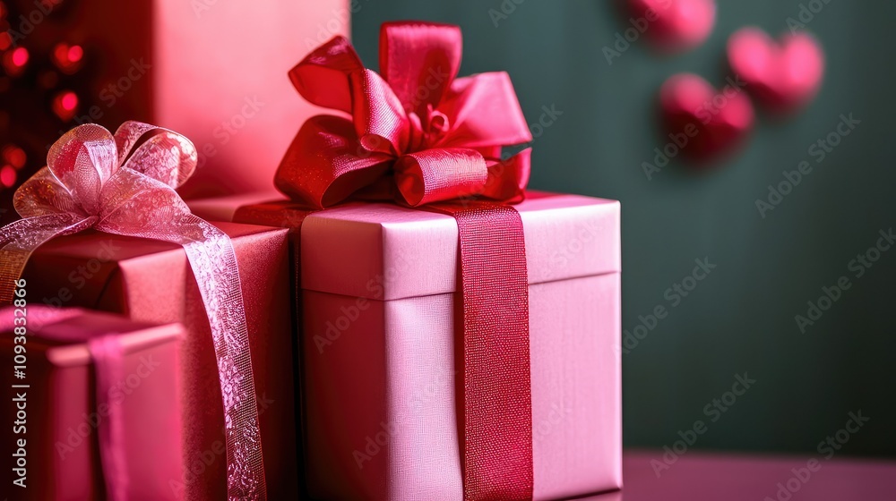 Beautifully Wrapped Gift Boxes with Vibrant Ribbons and Decorative Accents for Celebrations and Special Occasions in a Warm, Romantic Setting Beautifully Wrapped Gift Boxes with Vibrant Ribbons and Decorative Accents for Celebrations and Special Occasions in a Warm, Romantic Setting