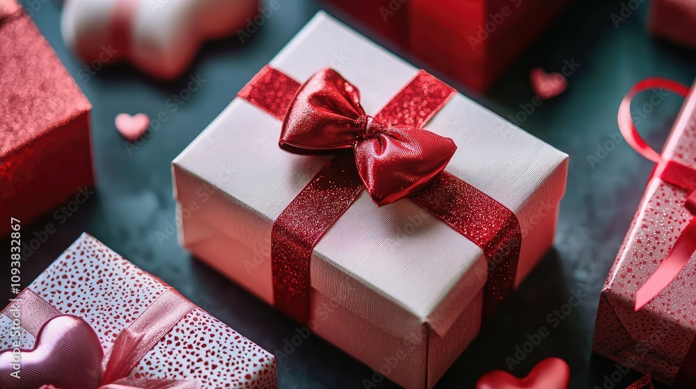 Beautifully Wrapped Gift Boxes with Red Bows and Glittering Hearts on a Dark Background for Celebrations and Special Occasions Beautifully Wrapped Gift Boxes with Red Bows and Glittering Hearts on a Dark Background for Celebrations and Special Occasions