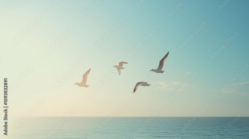 Serene Seagulls Soaring Over Tranquil Ocean Waters During Soft Sunrise Glow with Peaceful Horizon and Clear Blue Sky for Nature Lovers Serene Seagulls Soaring Over Tranquil Ocean Waters During Soft Sunrise Glow with Peaceful Horizon and Clear Blue Sky for Nature Lovers