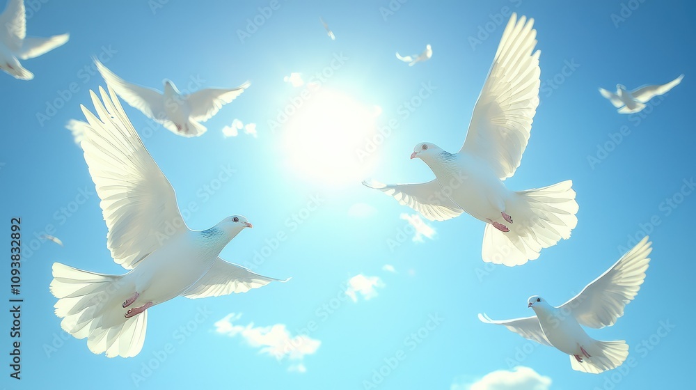 Fototapeta premium Serene Scene of White Doves in Flight Against a Bright Blue Sky with Radiant Sunlight and Fluffy Clouds Evoking a Sense of Freedom and Peace
