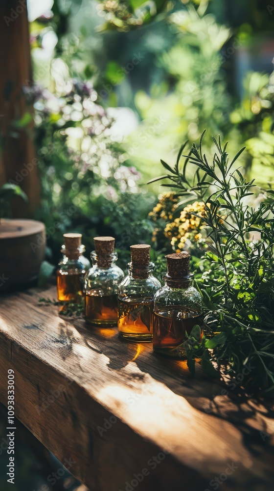 Aromatic Herbal Oils in Glass Bottles Surrounded by Fresh Greenery and Vibrant Flowers on a Rustic Wooden Table in a Natural Setting Aromatic Herbal Oils in Glass Bottles Surrounded by Fresh Greenery and Vibrant Flowers on a Rustic Wooden Table in a Natural Setting