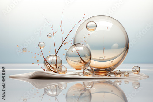 3d render of a crystal ball with water droplets and plants photo