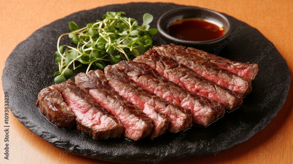 Juicy Sliced Steak with Fresh Microgreens Served on a Rustic Slate Plate Accompanied by a Rich Dipping Sauce for Gourmet Dining Experience Juicy Sliced Steak with Fresh Microgreens Served on a Rustic Slate Plate Accompanied by a Rich Dipping Sauce for Gourmet Dining Experience