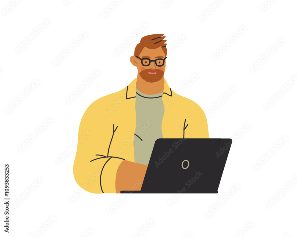 Writing people, modern flat vector concept illustration- sitting man thoughtfully writing on laptop. Metaphor for reflection, personal insight, contemplation, creative expression Writing people, modern flat vector concept illustration- sitting man thoughtfully writing on laptop. Metaphor for reflection, personal insight, contemplation, creative expression