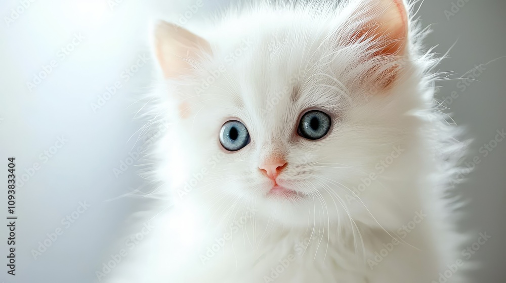 Adorable fluffy white kitten with striking blue eyes, gazing curiously, perfect for pet lovers and animal photography themes, captures innocence and playfulness. Adorable fluffy white kitten with striking blue eyes, gazing curiously, perfect for pet lovers and animal photography themes, captures innocence and playfulness.