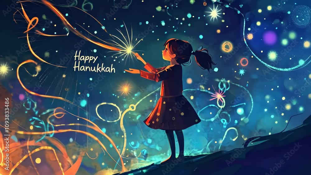 Little girl celebrating hanukkah outdoors, holding sparkler under starlit sky with glowing lights, symbolizing the festival of lights Little girl celebrating hanukkah outdoors, holding sparkler under starlit sky with glowing lights, symbolizing the festival of lights
