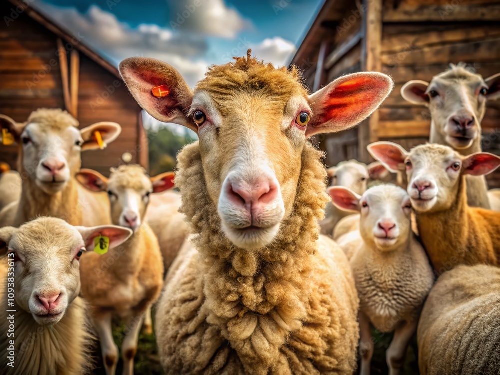 Fototapeta premium Charming Macro Photography of Farm Animals Showcasing Detailed Textures and Features, Including Sheep, Cows, Chickens, Pigs, and Goats in a Rustic Countryside Setting