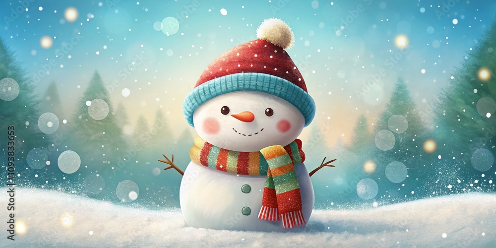 Fototapeta premium Charming Minimalist Cartoon Snowman with Santa Hat and Scarf in a Winter Wonderland, Emphasizing the Rule of Thirds for a Delightful Holiday Scene