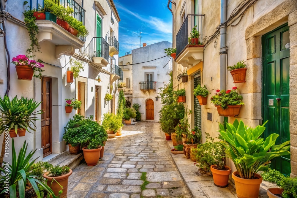 Fototapeta premium Charming Narrow Streets of Martina Franca, Apulia, Italy with Vibrant Facades and Lush Greenery Captured in High Depth of Field, Showcasing Traditional Architecture and Scenic Views