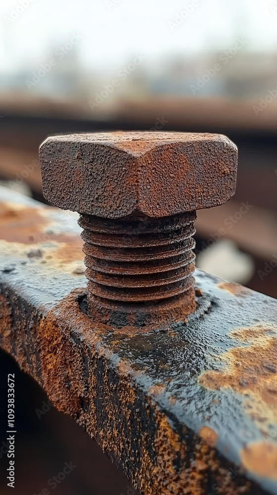 Close-Up of a Rusty Steel Bolt on a Weathered Surface Highlighting Industrial Wear and Tear with a Beautiful Blurred Background of Machinery Close-Up of a Rusty Steel Bolt on a Weathered Surface Highlighting Industrial Wear and Tear with a Beautiful Blurred Background of Machinery