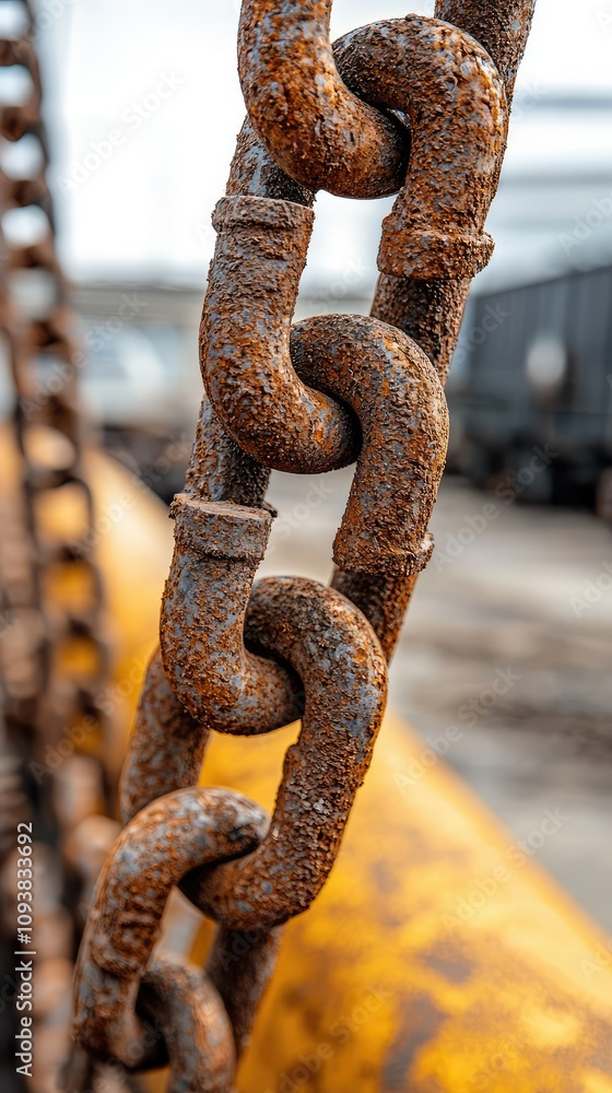 Close-Up of a Weathered and Rusty Metal Chain Highlighting the Textures and Deterioration in an Industrial Setting with a Background of Heavy Machinery Close-Up of a Weathered and Rusty Metal Chain Highlighting the Textures and Deterioration in an Industrial Setting with a Background of Heavy Machinery