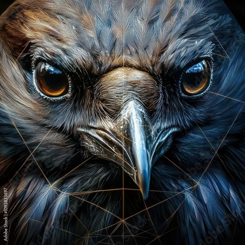 Close-up of an eagle's face with a geometric pattern overlay.