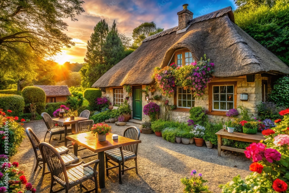 Obraz premium Charming Portrait Photography of a Rural Cottage Cafe Surrounded by Lush Greenery, Perfect for Capturing the Essence of Tranquil Countryside Dining Experiences