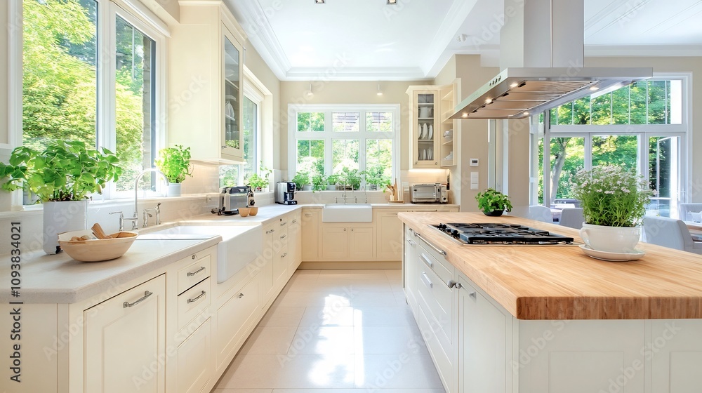 Bright and Airy Open Concept Kitchen with Beige Cabinets and Butcher Block Countertop Bright and Airy Open Concept Kitchen with Beige Cabinets and Butcher Block Countertop