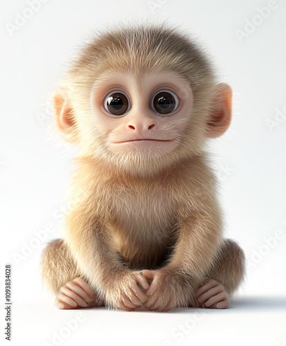 A cartoon baby capuchin monkey is sitting and looking at the camera. On white background.