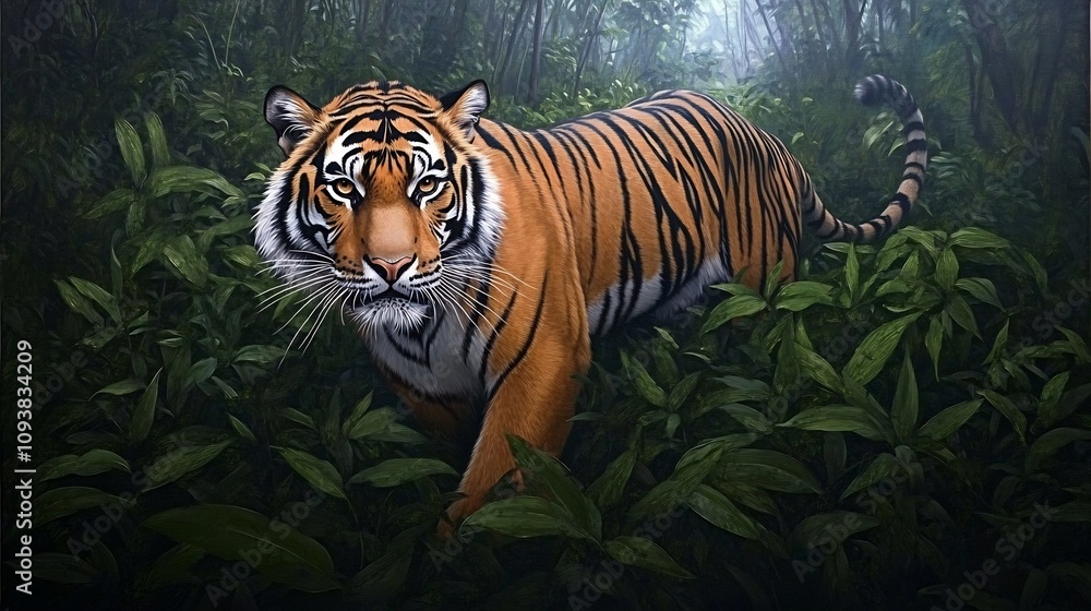 Majestic Tiger Stalking Through Lush Jungle Foliage Majestic Tiger Stalking Through Lush Jungle Foliage