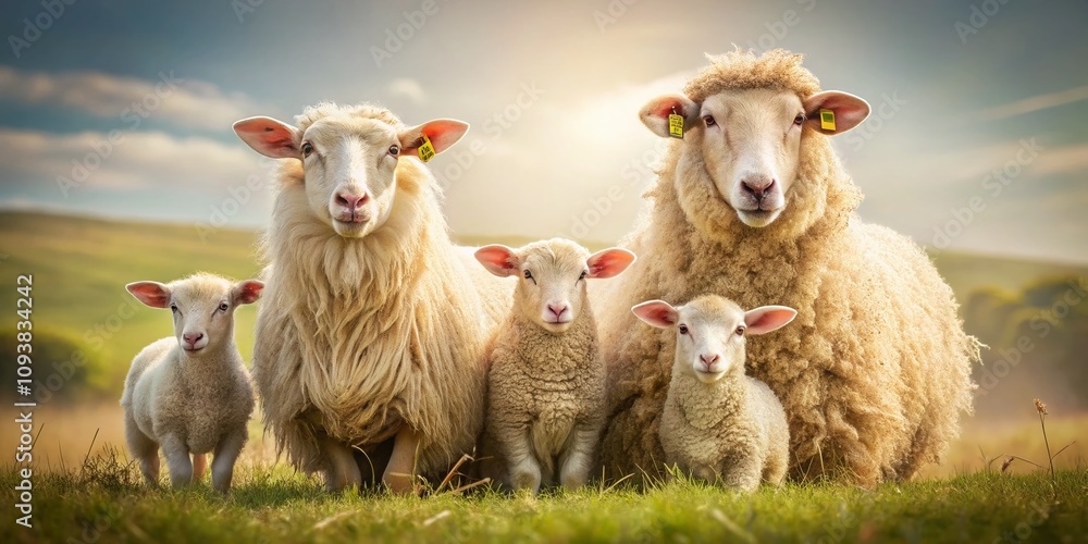 Fototapeta premium Charming Vintage Style Photography of Ewe Sheep Family on White Background with Soft Lighting and Pastel Tones, Perfect for Farm-Themed Decor or Educational Materials