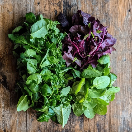 A mix of fresh green and red salad leaves on a rustic wooden background.