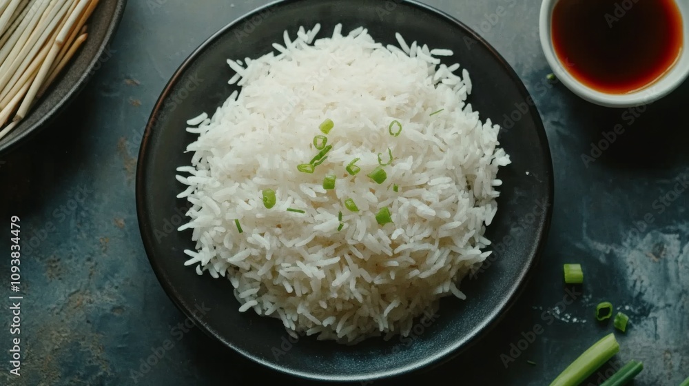 Steaming White Rice Served in Black Bowl with Fresh Green Onion Garnish on Dark Canvas Background Ideal for Asian Cuisine and Healthy Meal Concepts Steaming White Rice Served in Black Bowl with Fresh Green Onion Garnish on Dark Canvas Background Ideal for Asian Cuisine and Healthy Meal Concepts