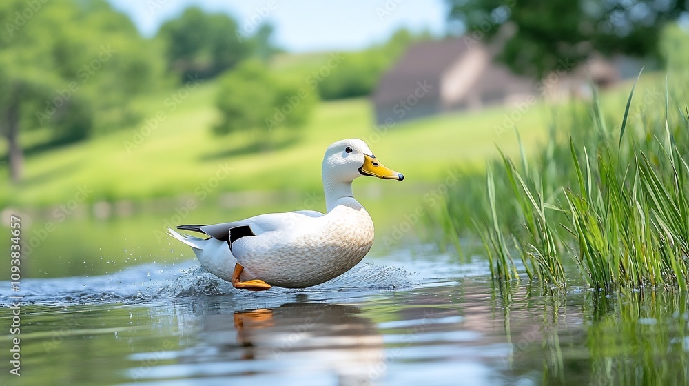 A tranquil white duck gliding across a small pond with reflections and ripples in the water A tranquil white duck gliding across a small pond with reflections and ripples in the water