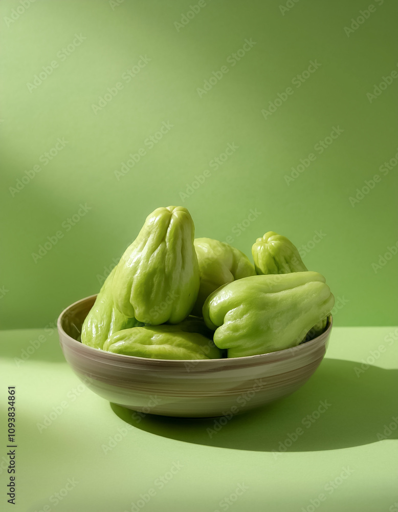Fresh Chayote in a bowl on Pastel lime green background Fresh Chayote in a bowl on Pastel lime green background
