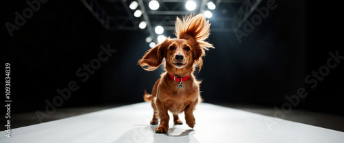 Dachshund with mohawk struts on runway, edgy pet fashion
