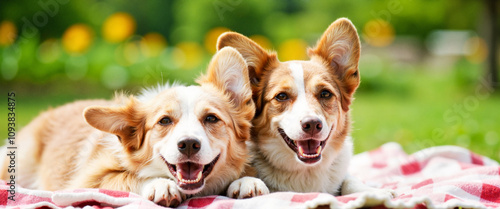 Playful corgis lounging on picnic blanket, trendy dog hairstyles