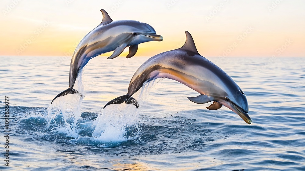 Obraz premium A Pod of Dolphins Leaping Out of the Tranquil Ocean at Sunset with Glowing Golden Reflections