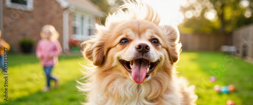 Playful Pomeranian with trendy blowout in lively backyard, pet style