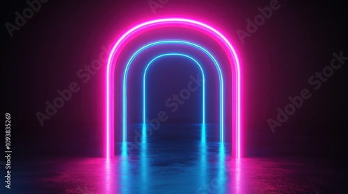 Neon Archway Illuminates Dark Reflective Surface