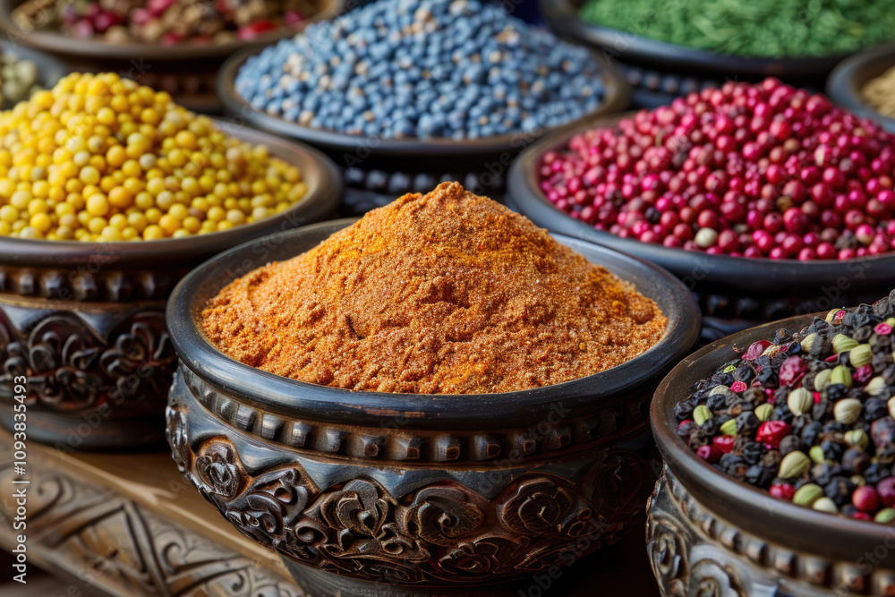 overflowing bowls of spices at an oriental market. ,.G overflowing bowls of spices at an oriental market. ,.G