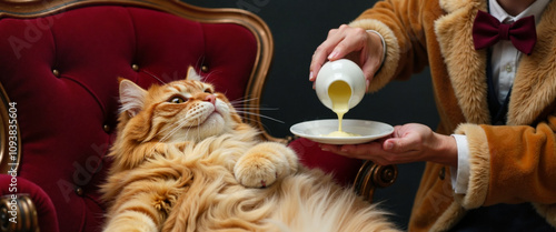 Persian cat lounges as human serves cream, pet role reversal photo